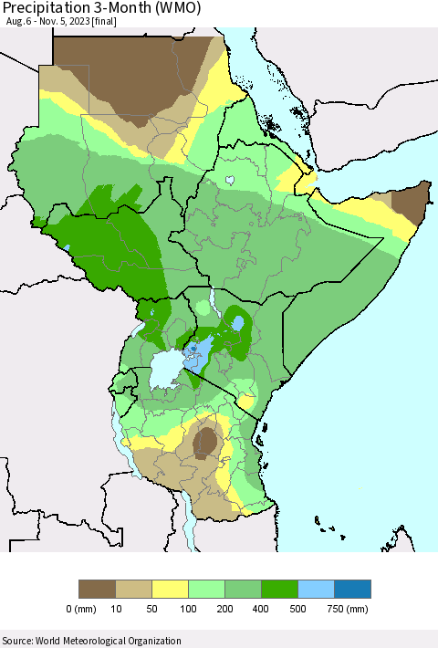 Eastern Africa Precipitation 3-Month (WMO) Thematic Map For 8/6/2023 - 11/5/2023