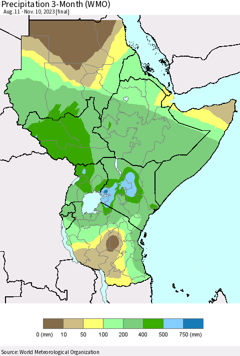 Eastern Africa Precipitation 3-Month (WMO) Thematic Map For 8/11/2023 - 11/10/2023