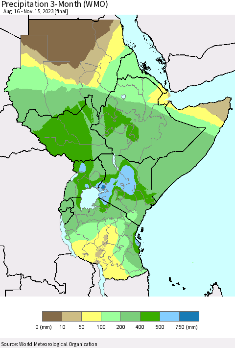 Eastern Africa Precipitation 3-Month (WMO) Thematic Map For 8/16/2023 - 11/15/2023