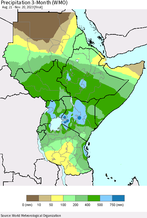 Eastern Africa Precipitation 3-Month (WMO) Thematic Map For 8/21/2023 - 11/20/2023