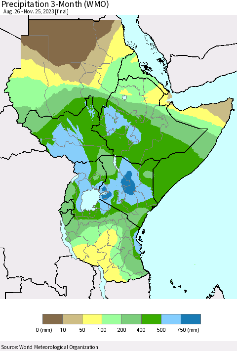 Eastern Africa Precipitation 3-Month (WMO) Thematic Map For 8/26/2023 - 11/25/2023