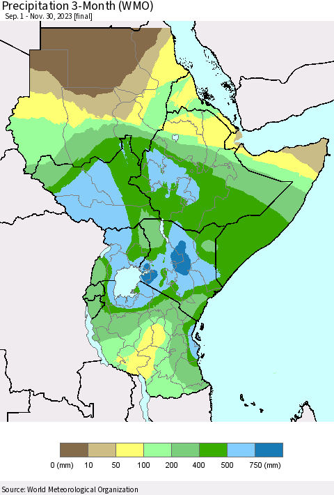 Eastern Africa Precipitation 3-Month (WMO) Thematic Map For 9/1/2023 - 11/30/2023