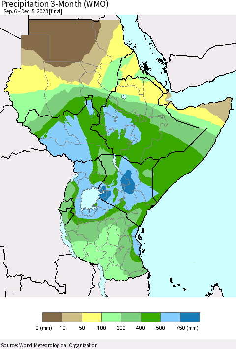Eastern Africa Precipitation 3-Month (WMO) Thematic Map For 9/6/2023 - 12/5/2023