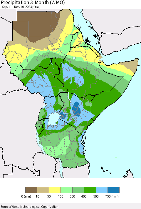 Eastern Africa Precipitation 3-Month (WMO) Thematic Map For 9/11/2023 - 12/10/2023