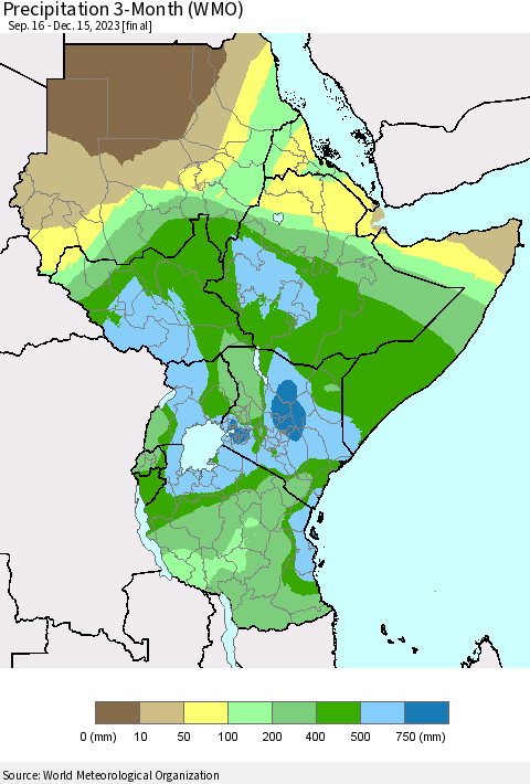 Eastern Africa Precipitation 3-Month (WMO) Thematic Map For 9/16/2023 - 12/15/2023