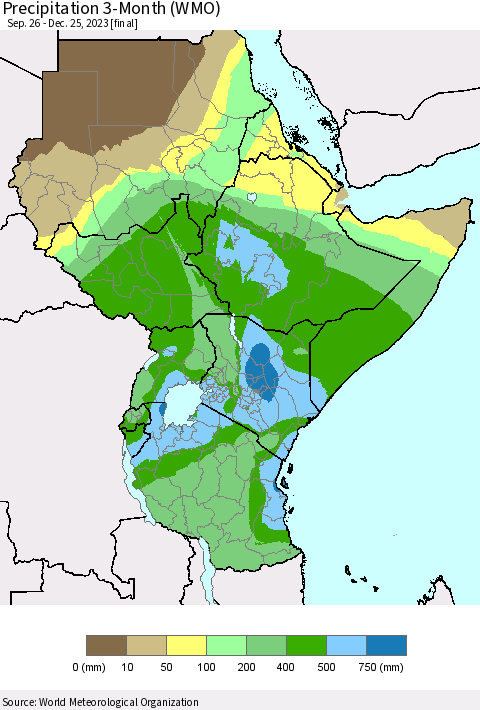 Eastern Africa Precipitation 3-Month (WMO) Thematic Map For 9/26/2023 - 12/25/2023