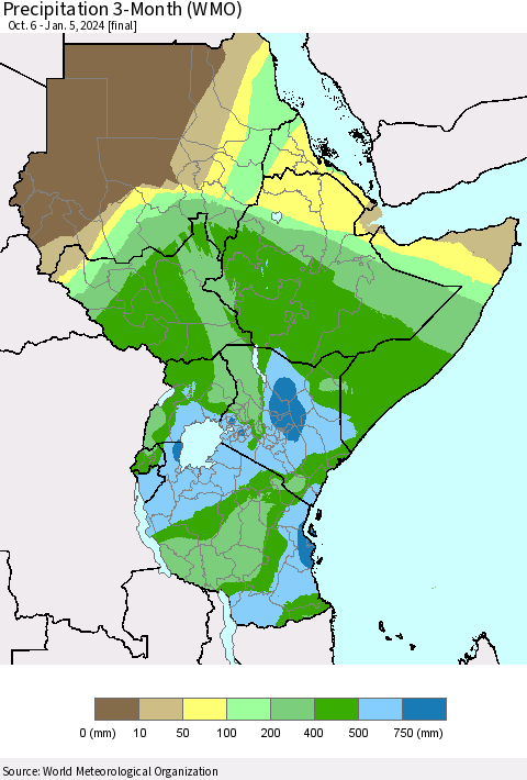 Eastern Africa Precipitation 3-Month (WMO) Thematic Map For 10/6/2023 - 1/5/2024