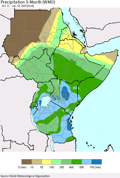 Eastern Africa Precipitation 3-Month (WMO) Thematic Map For 10/11/2023 - 1/10/2024