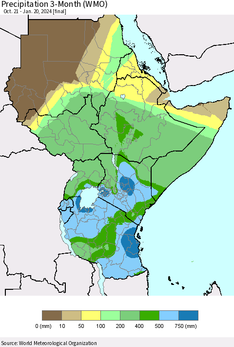 Eastern Africa Precipitation 3-Month (WMO) Thematic Map For 10/21/2023 - 1/20/2024