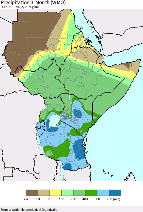 Eastern Africa Precipitation 3-Month (WMO) Thematic Map For 10/26/2023 - 1/25/2024