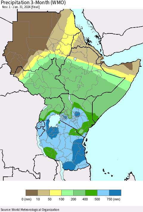 Eastern Africa Precipitation 3-Month (WMO) Thematic Map For 11/1/2023 - 1/31/2024