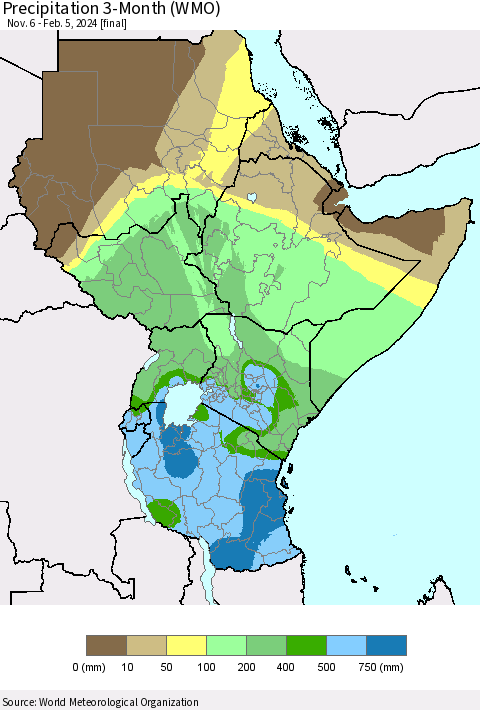 Eastern Africa Precipitation 3-Month (WMO) Thematic Map For 11/6/2023 - 2/5/2024