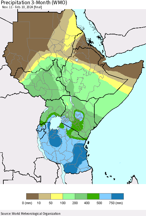 Eastern Africa Precipitation 3-Month (WMO) Thematic Map For 11/11/2023 - 2/10/2024