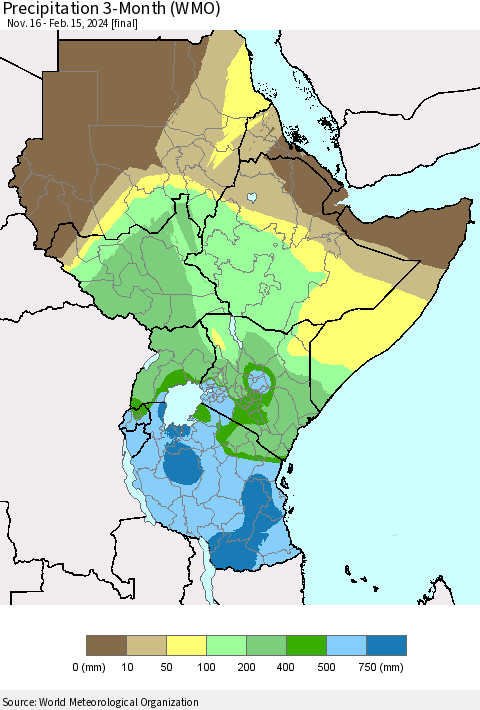 Eastern Africa Precipitation 3-Month (WMO) Thematic Map For 11/16/2023 - 2/15/2024