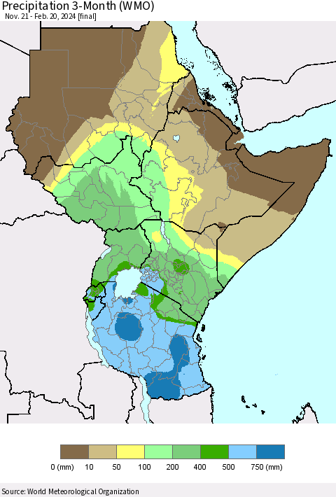 Eastern Africa Precipitation 3-Month (WMO) Thematic Map For 11/21/2023 - 2/20/2024