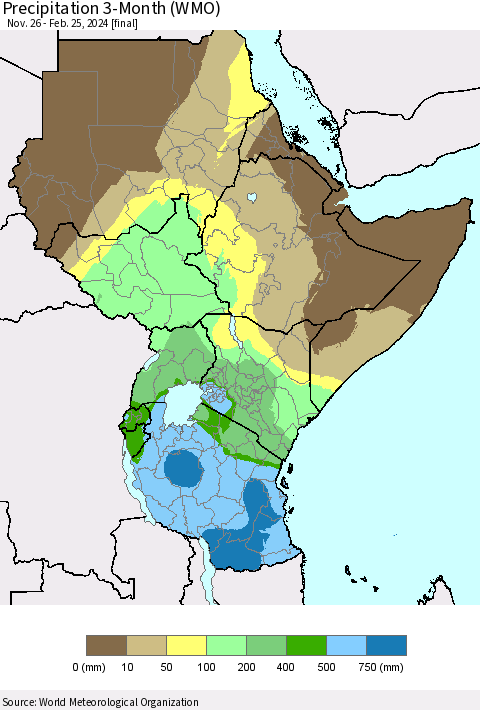 Eastern Africa Precipitation 3-Month (WMO) Thematic Map For 11/26/2023 - 2/25/2024