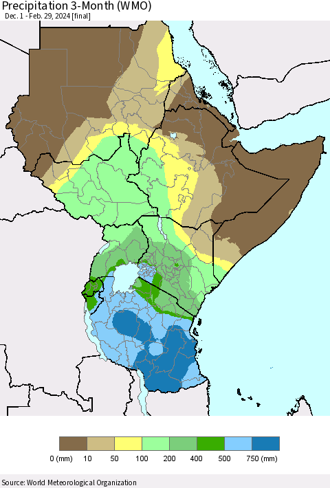 Eastern Africa Precipitation 3-Month (WMO) Thematic Map For 12/1/2023 - 2/29/2024