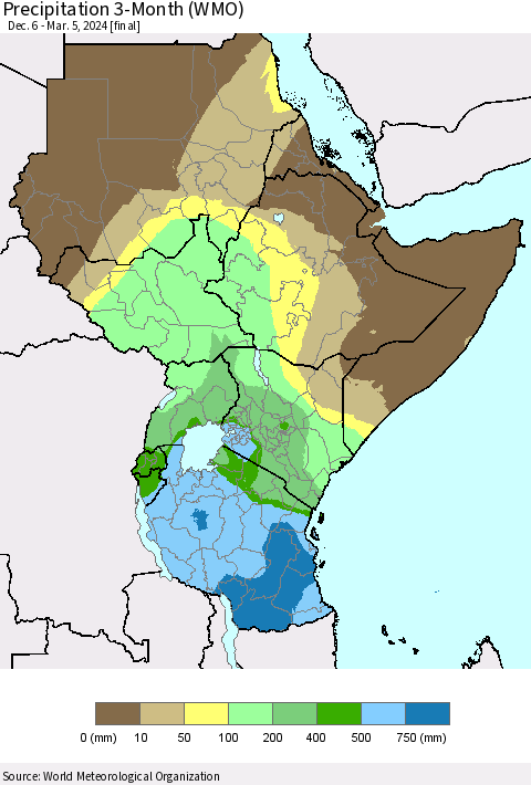 Eastern Africa Precipitation 3-Month (WMO) Thematic Map For 12/6/2023 - 3/5/2024