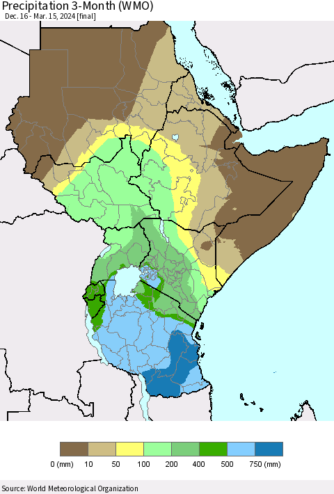 Eastern Africa Precipitation 3-Month (WMO) Thematic Map For 12/16/2023 - 3/15/2024