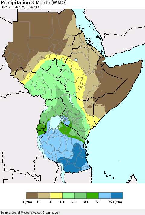 Eastern Africa Precipitation 3-Month (WMO) Thematic Map For 12/26/2023 - 3/25/2024