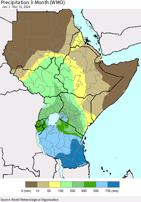 Eastern Africa Precipitation 3-Month (WMO) Thematic Map For 1/1/2024 - 3/31/2024