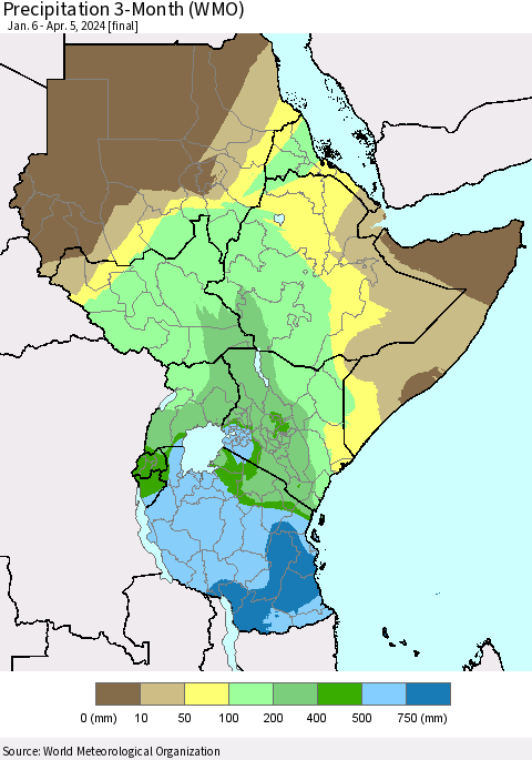 Eastern Africa Precipitation 3-Month (WMO) Thematic Map For 1/6/2024 - 4/5/2024