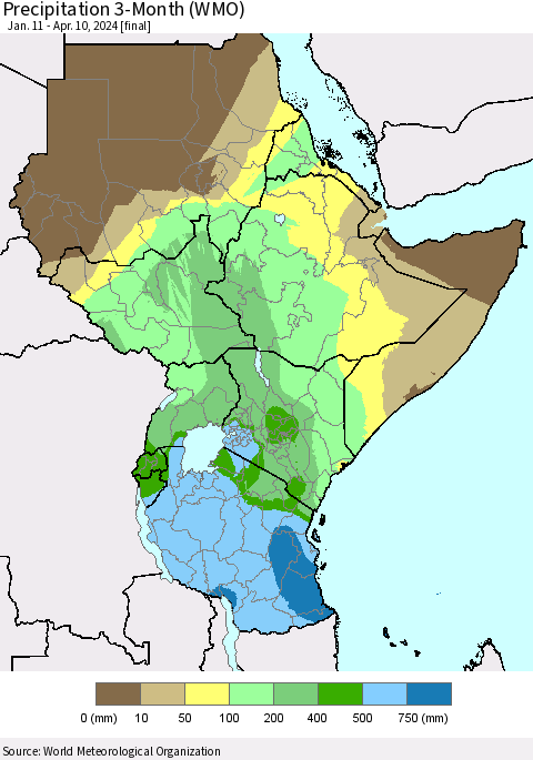Eastern Africa Precipitation 3-Month (WMO) Thematic Map For 1/11/2024 - 4/10/2024