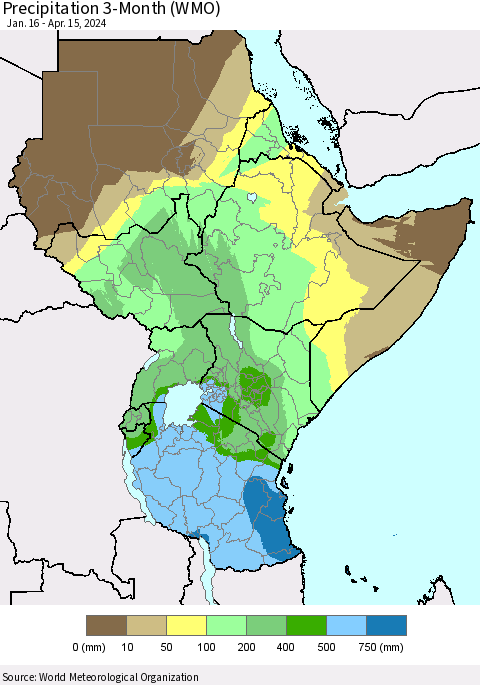 Eastern Africa Precipitation 3-Month (WMO) Thematic Map For 1/16/2024 - 4/15/2024