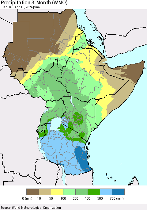 Eastern Africa Precipitation 3-Month (WMO) Thematic Map For 1/16/2024 - 4/15/2024