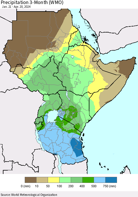 Eastern Africa Precipitation 3-Month (WMO) Thematic Map For 1/21/2024 - 4/20/2024