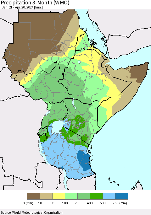 Eastern Africa Precipitation 3-Month (WMO) Thematic Map For 1/21/2024 - 4/20/2024