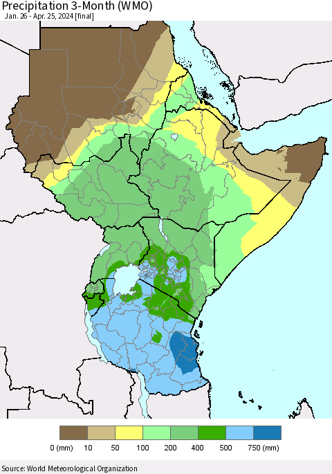 Eastern Africa Precipitation 3-Month (WMO) Thematic Map For 1/26/2024 - 4/25/2024