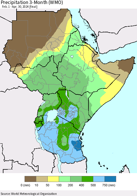 Eastern Africa Precipitation 3-Month (WMO) Thematic Map For 2/1/2024 - 4/30/2024