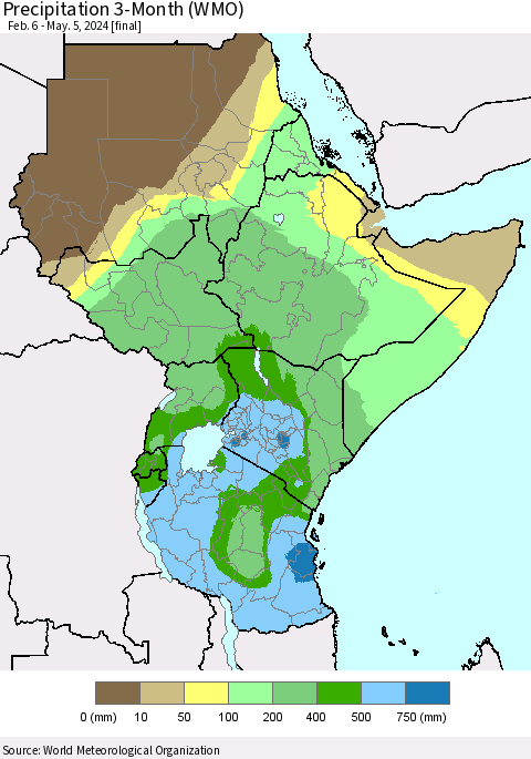 Eastern Africa Precipitation 3-Month (WMO) Thematic Map For 2/6/2024 - 5/5/2024