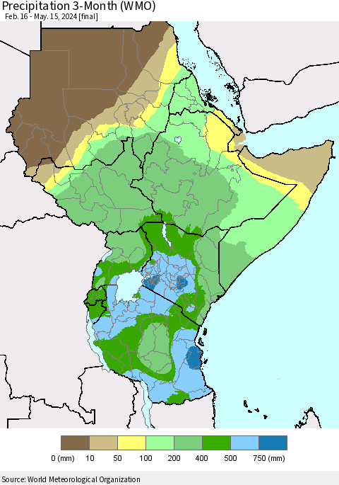 Eastern Africa Precipitation 3-Month (WMO) Thematic Map For 2/16/2024 - 5/15/2024