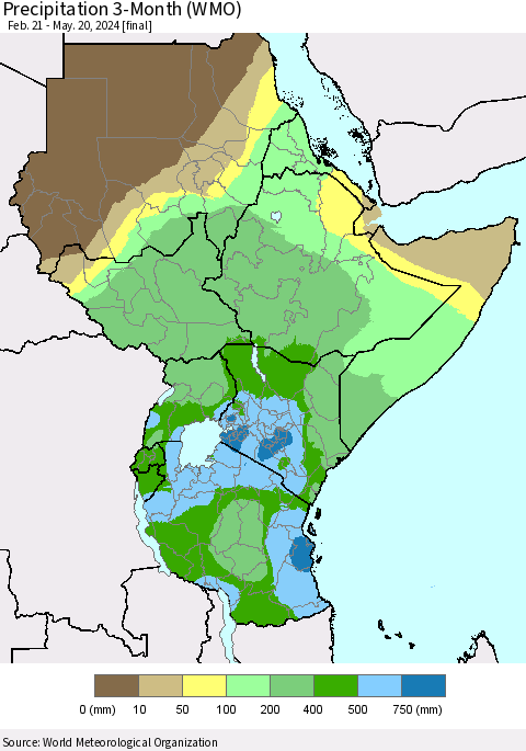 Eastern Africa Precipitation 3-Month (WMO) Thematic Map For 2/21/2024 - 5/20/2024