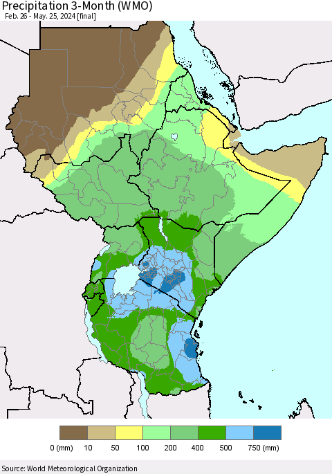 Eastern Africa Precipitation 3-Month (WMO) Thematic Map For 2/26/2024 - 5/25/2024
