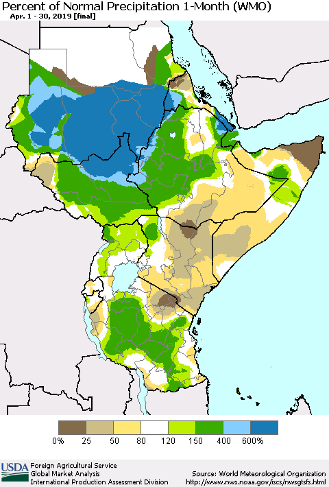 Eastern Africa Percent of Normal Precipitation 1-Month (WMO) Thematic Map For 4/1/2019 - 4/30/2019