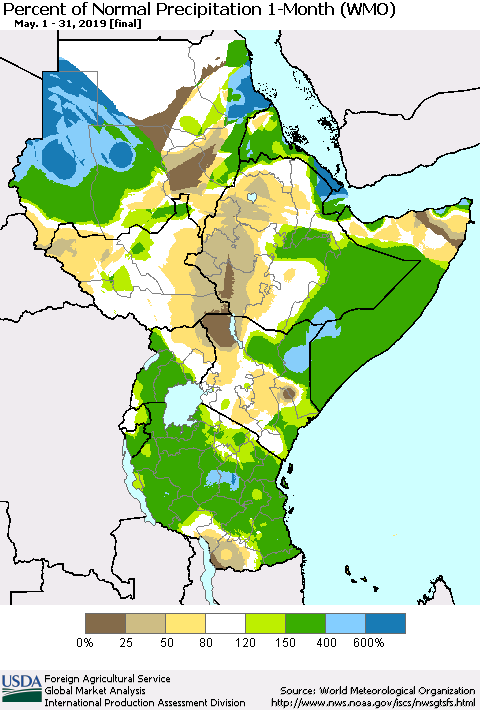 Eastern Africa Percent of Normal Precipitation 1-Month (WMO) Thematic Map For 5/1/2019 - 5/31/2019