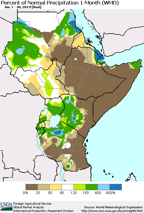 Eastern Africa Percent of Normal Precipitation 1-Month (WMO) Thematic Map For 6/1/2019 - 6/30/2019