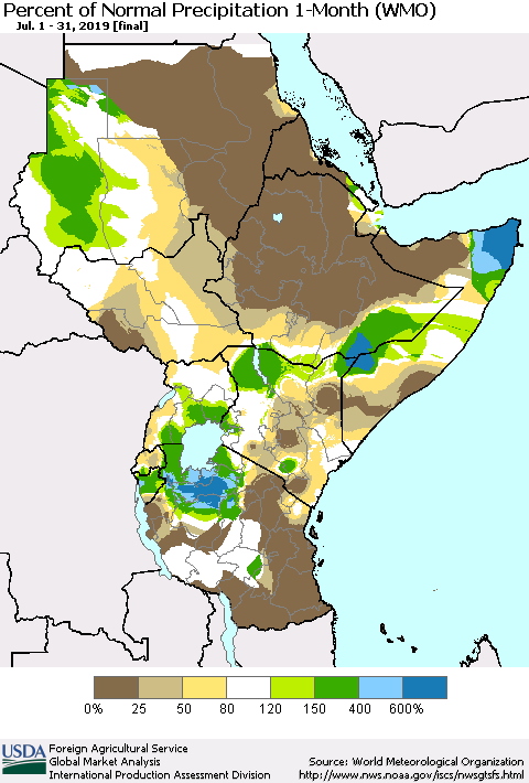 Eastern Africa Percent of Normal Precipitation 1-Month (WMO) Thematic Map For 7/1/2019 - 7/31/2019