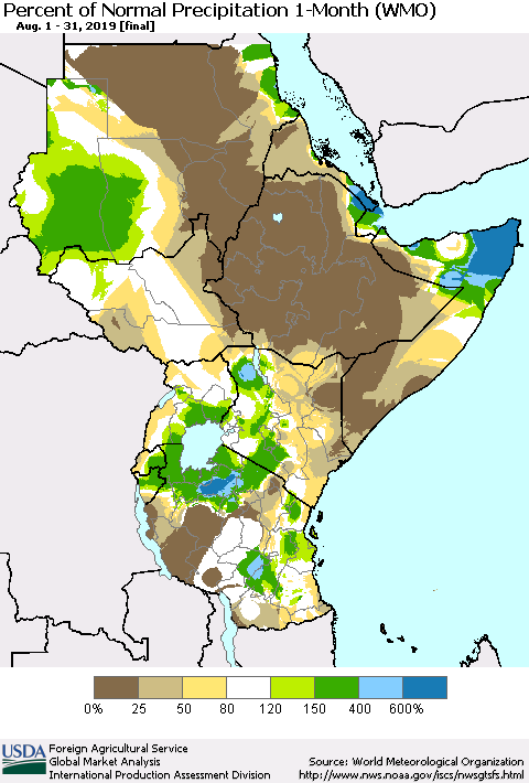 Eastern Africa Percent of Normal Precipitation 1-Month (WMO) Thematic Map For 8/1/2019 - 8/31/2019