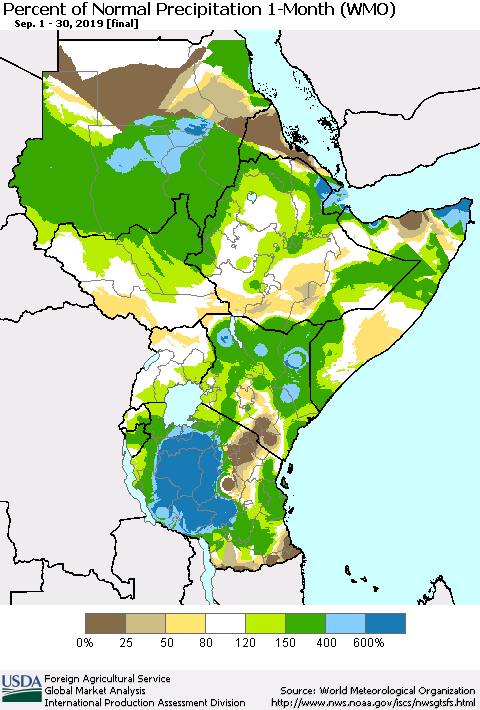 Eastern Africa Percent of Normal Precipitation 1-Month (WMO) Thematic Map For 9/1/2019 - 9/30/2019