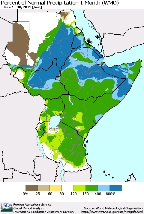 Eastern Africa Percent of Normal Precipitation 1-Month (WMO) Thematic Map For 11/1/2019 - 11/30/2019