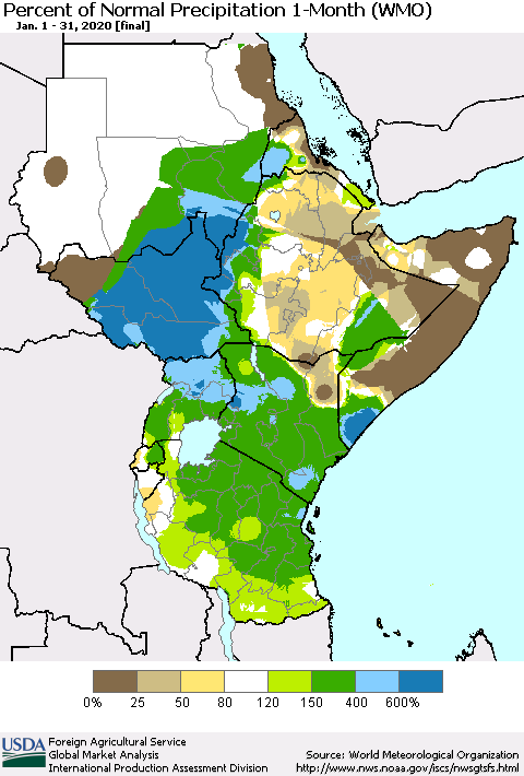 Eastern Africa Percent of Normal Precipitation 1-Month (WMO) Thematic Map For 1/1/2020 - 1/31/2020