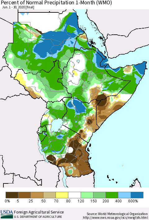 Eastern Africa Percent of Normal Precipitation 1-Month (WMO) Thematic Map For 6/1/2020 - 6/30/2020