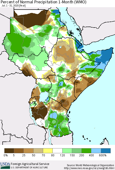 Eastern Africa Percent of Normal Precipitation 1-Month (WMO) Thematic Map For 7/1/2020 - 7/31/2020