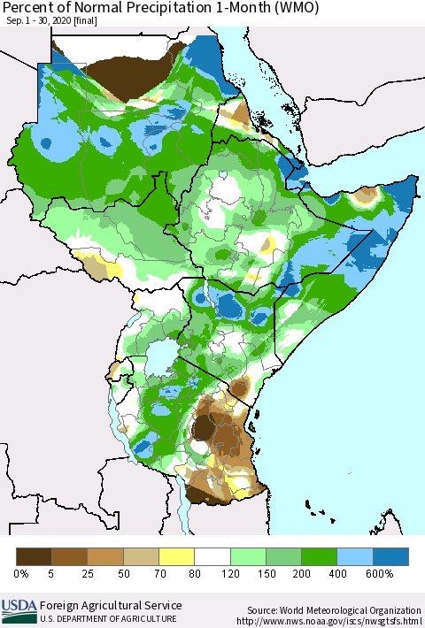 Eastern Africa Percent of Normal Precipitation 1-Month (WMO) Thematic Map For 9/1/2020 - 9/30/2020