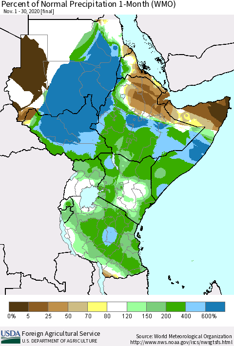 Eastern Africa Percent of Normal Precipitation 1-Month (WMO) Thematic Map For 11/1/2020 - 11/30/2020