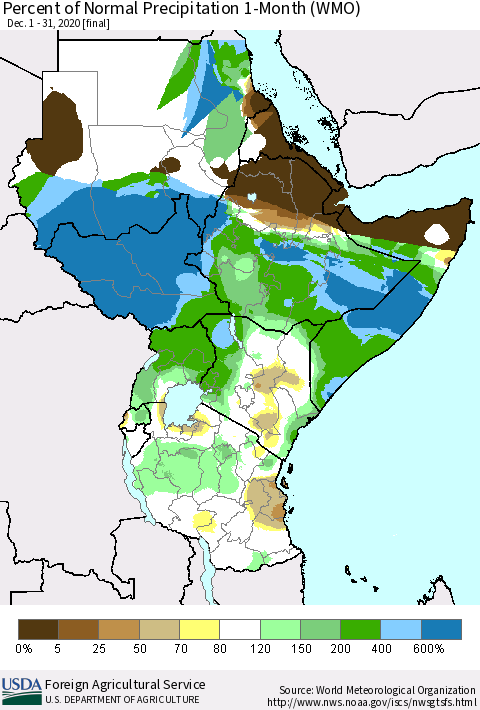 Eastern Africa Percent of Normal Precipitation 1-Month (WMO) Thematic Map For 12/1/2020 - 12/31/2020